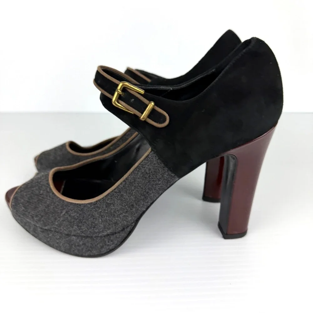 J.Crew Mary Jane Platform Dark Academia‎ Wool Peep Toe Preppy Heels Italy 8.5